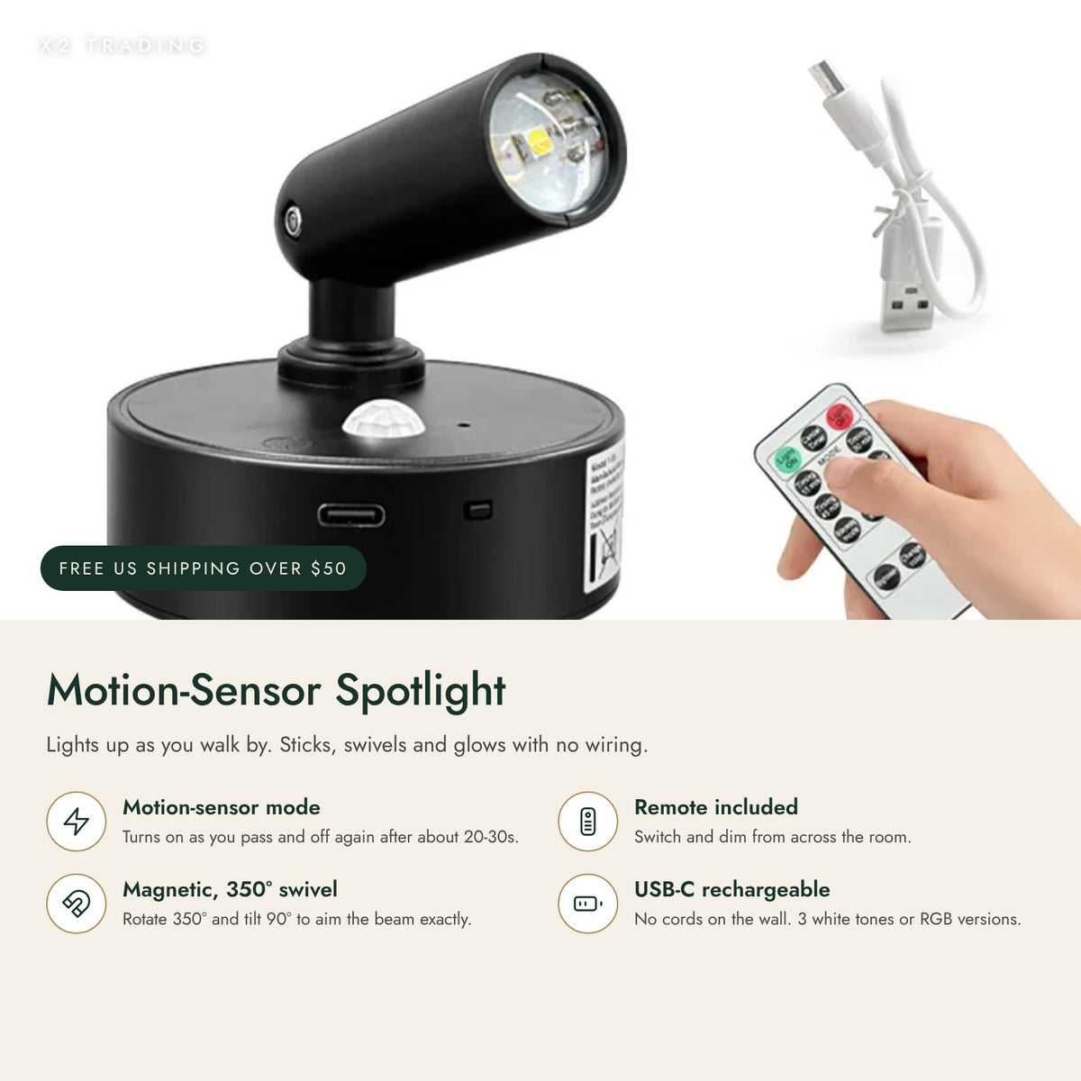 Wireless Motion-Sensor Spotlight with Remote: key features