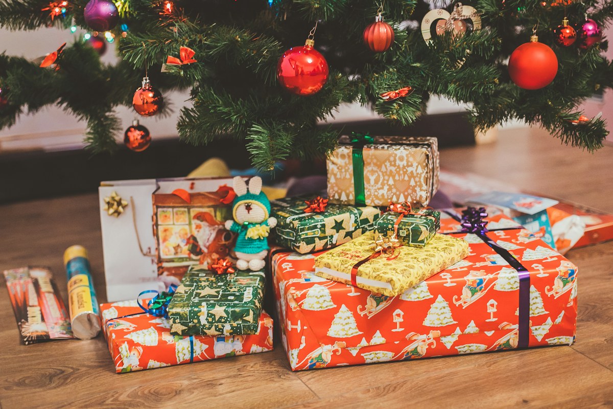 Wrapped gifts under a Christmas tree