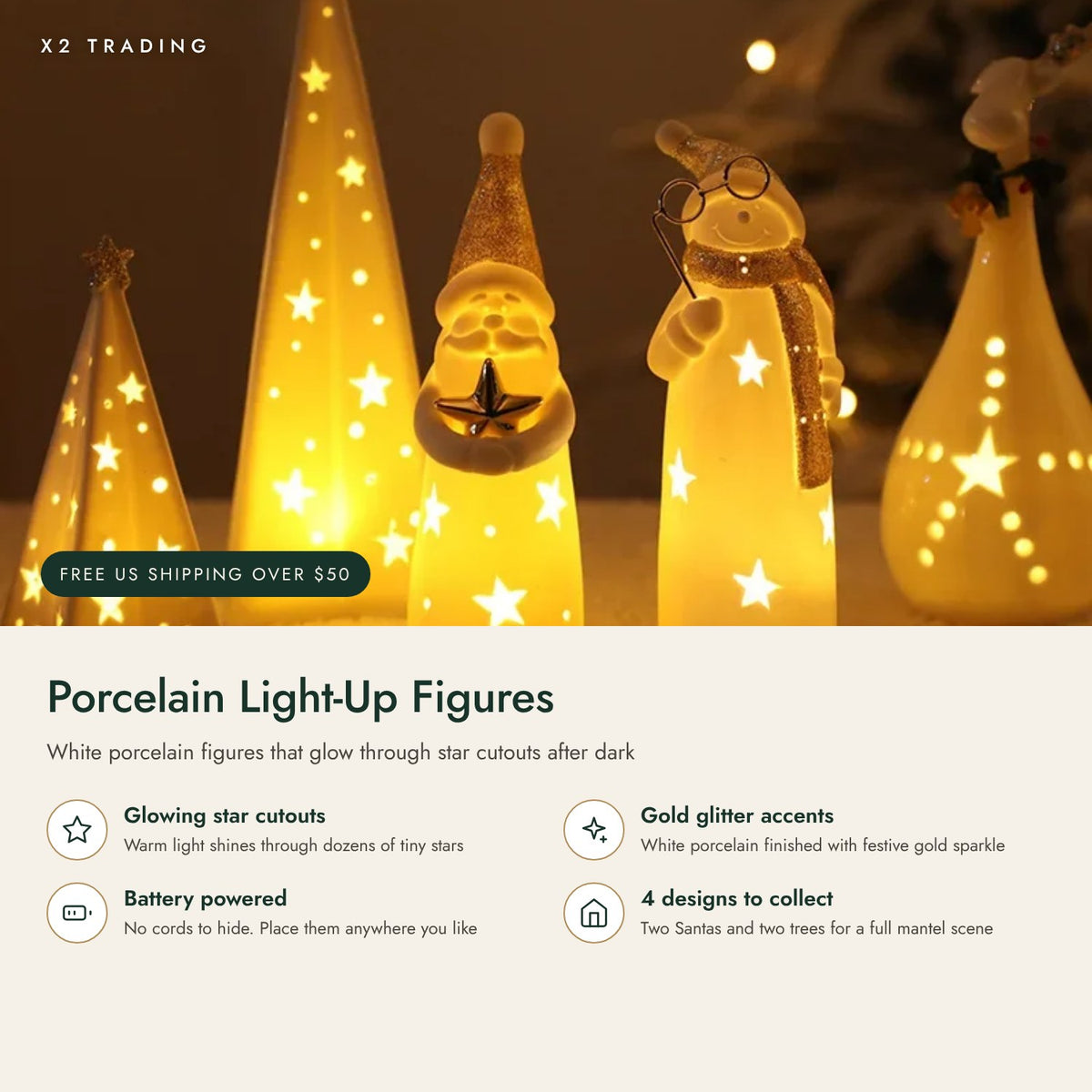 Porcelain Light-Up Santa &amp; Tree Figures: key features