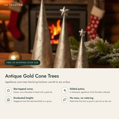 Antique Gold Metal Cone Christmas Trees: key features